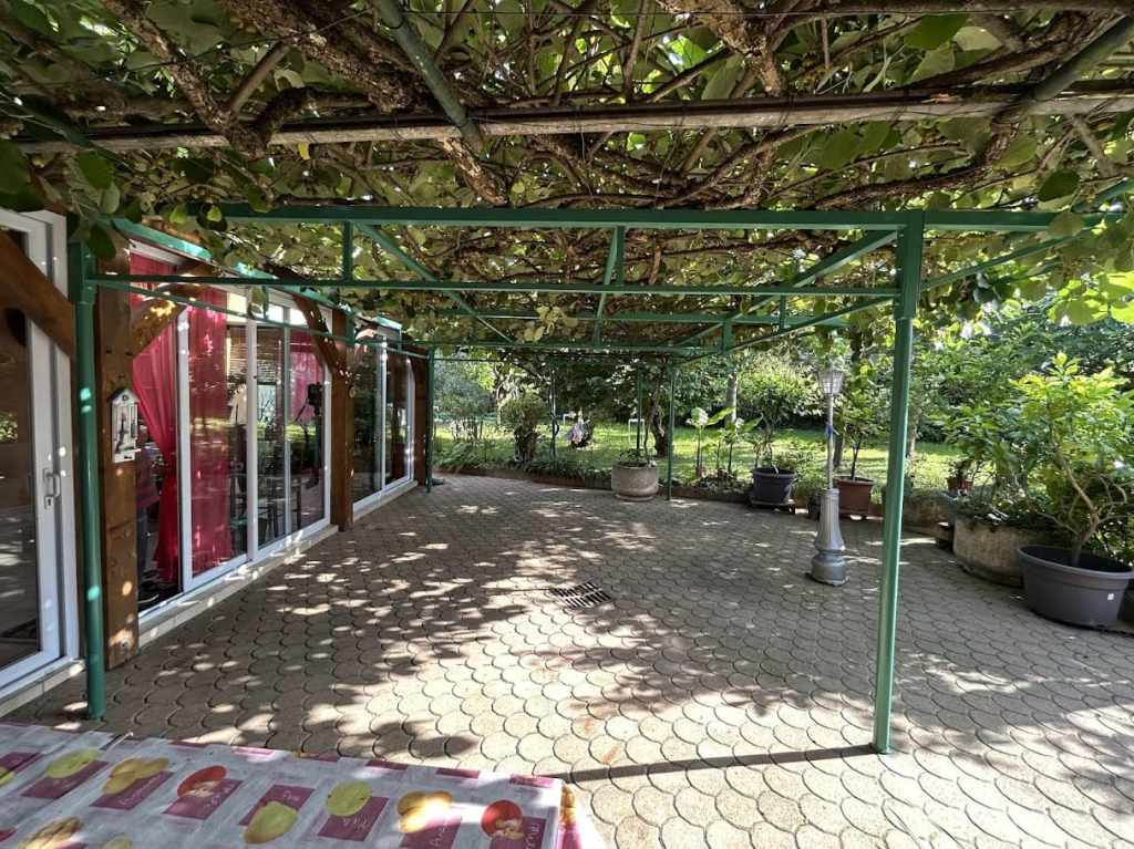 Fabrication et pose d'une pergola métallique. Les quatre poteaux sont en tube rond, les échelles et traverses en tube carré. La hauteur de passage est de 2 mètre 50. Elle à pour fonction de supporter plusieurs pieds de kiwi très productifs qui ombrage la terrasse l'été. L'ensemble est peint en ral 6008. Pergola réalisée et installée par l'entreprise Claude Jeandin métallerie.
