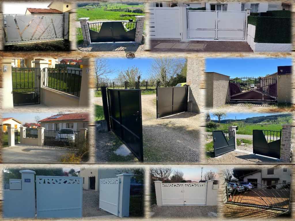 montage photos de plusieurs portails en acier fabriqués sur mesure par Claude Jeandin Métallerie. Portail coulissant avec remplissage en découpe laser. Portail tradition, portail en tube cintré vernis après oxydation.